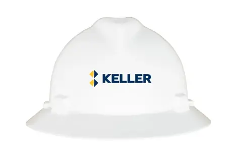 MSA White 475369 V-Gard Slotted Full Brim Hard Hat with Fas-Trac III Suspension and Keller Logo