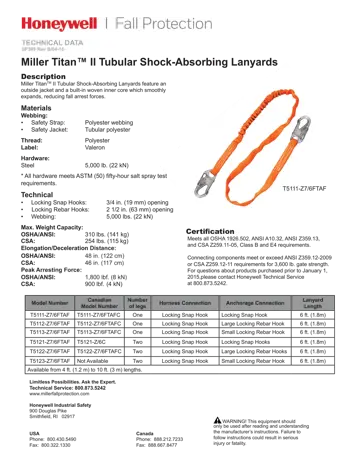 Miller 6 ft. Titan Single Leg ANSI Lanyard with Rebar Hook