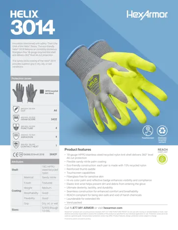 HexArmor Helix 3014 XL ANSI A6 Cut-Resistant Gloves with HPPE, SS, Recycled Nylon Knit Shell