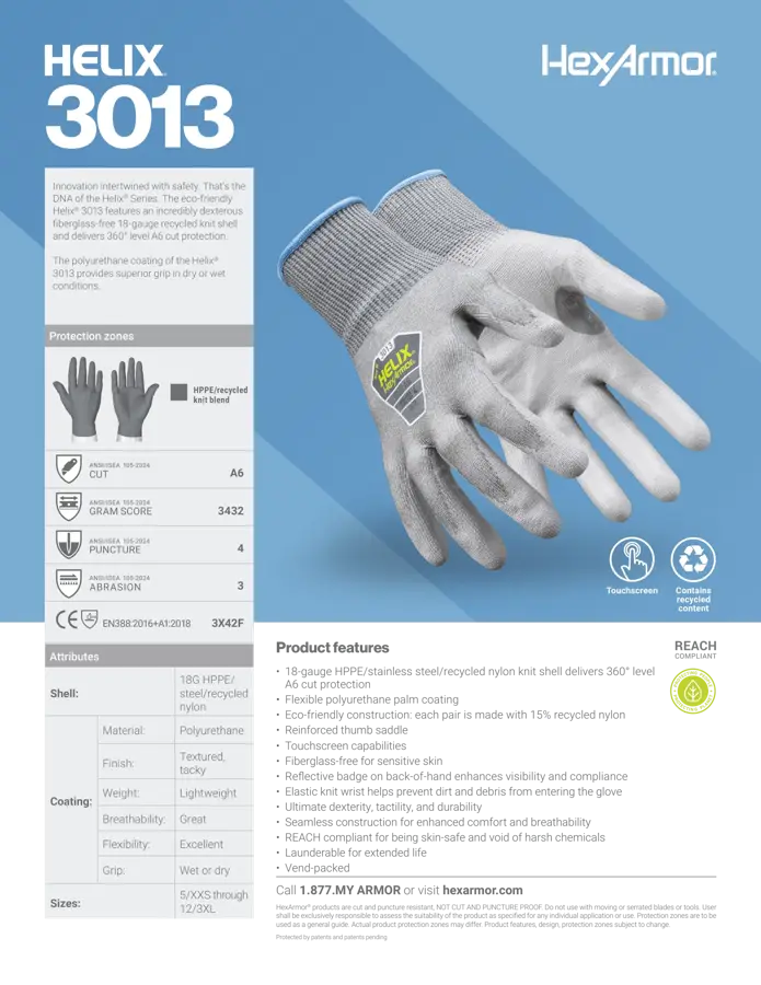 White Cap | HexArmor Helix 3013 Large ANSI A6 Cut-Resistant Gloves